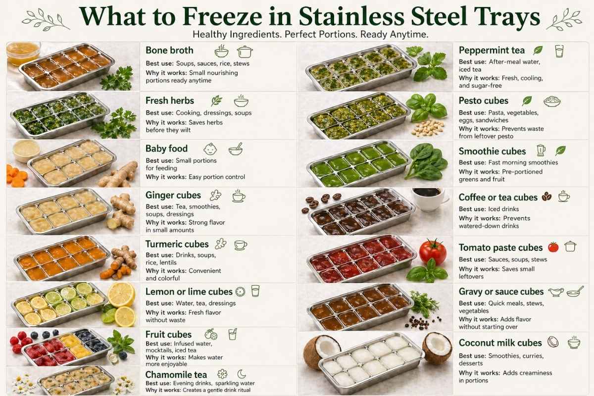 Informative kitchen infographic showing what to freeze in stainless steel trays, including bone broth, fresh herbs, baby food, ginger cubes, turmeric cubes, lemon cubes, fruit cubes, pesto, smoothie cubes, coffee cubes, tomato paste, gravy, and coconut milk, with best uses and benefits for healthier meal prep.