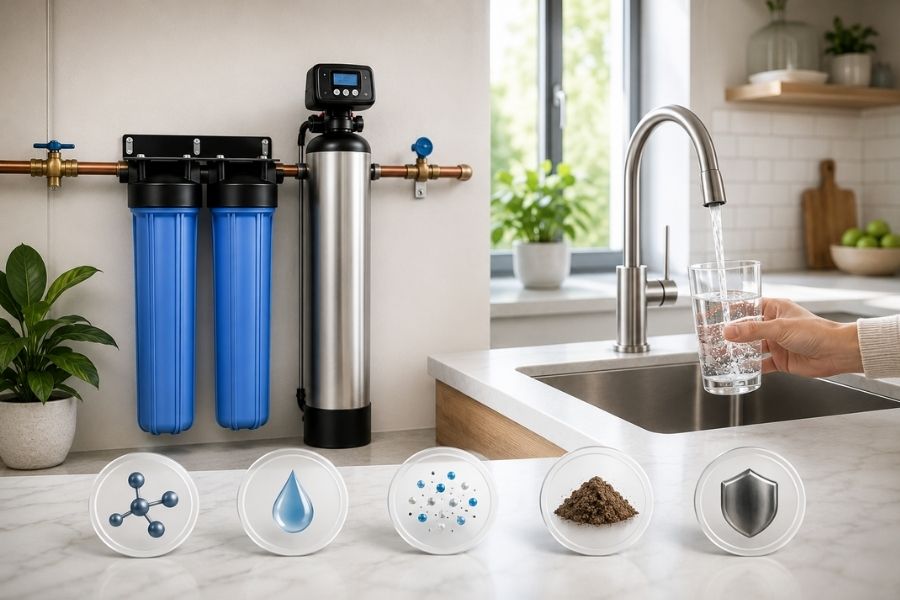 Whole-house water filter system showing PFAS chlorine microplastics sediment and lead filtration for safer home water.