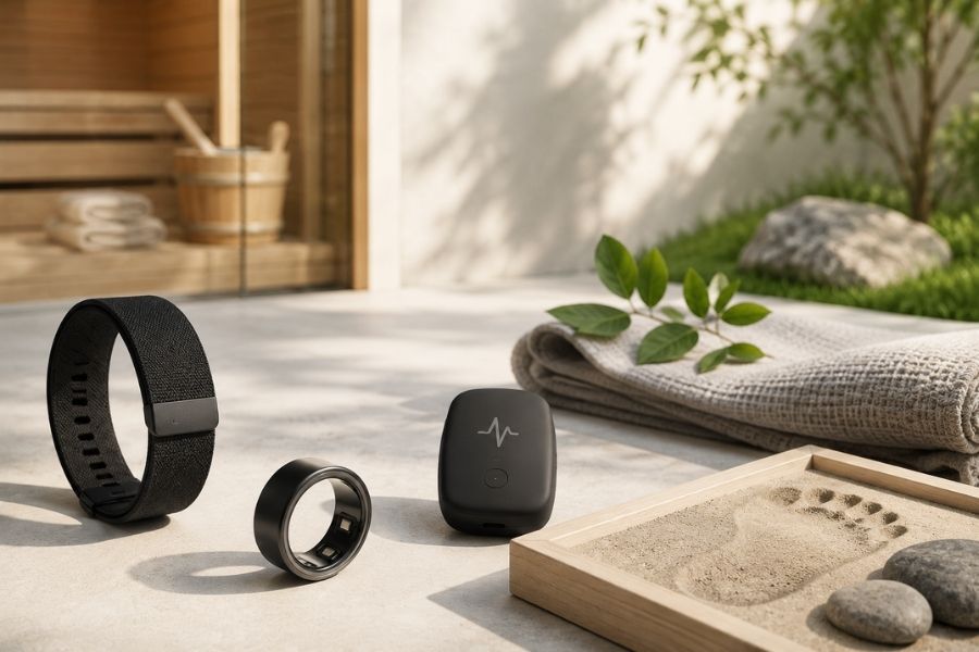 Minimalist wellness recovery scene featuring a smart ring, fitness band, Apollo Neuro-style wearable, sauna in the background, grounding sand tray with footprints, natural linen textiles, greenery, and soft natural light, representing a balanced recovery stack that combines tracking, nervous system regulation, and restorative practices.