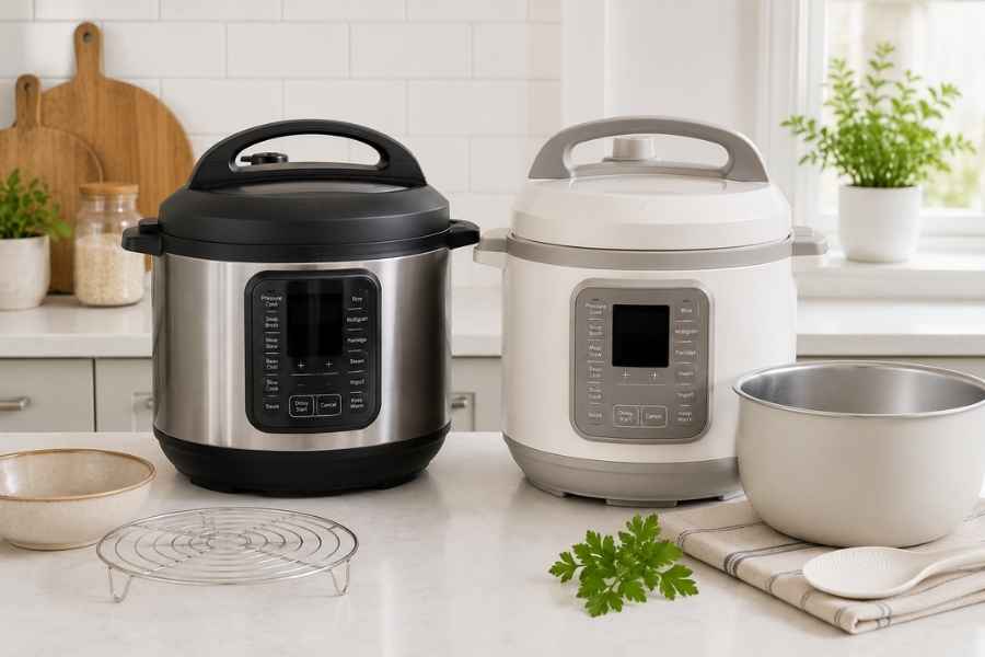 Two electric pressure cookers with stainless steel inner pots displayed on a bright kitchen countertop, surrounded by simple cooking accessories and fresh herbs, illustrating non-toxic alternatives to traditional non-stick pressure cookers for everyday meal preparation.