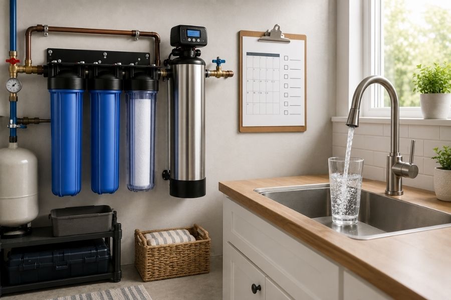 Whole-house water filter maintenance schedule showing 3 month 6 month and 12 month filter care checklist.