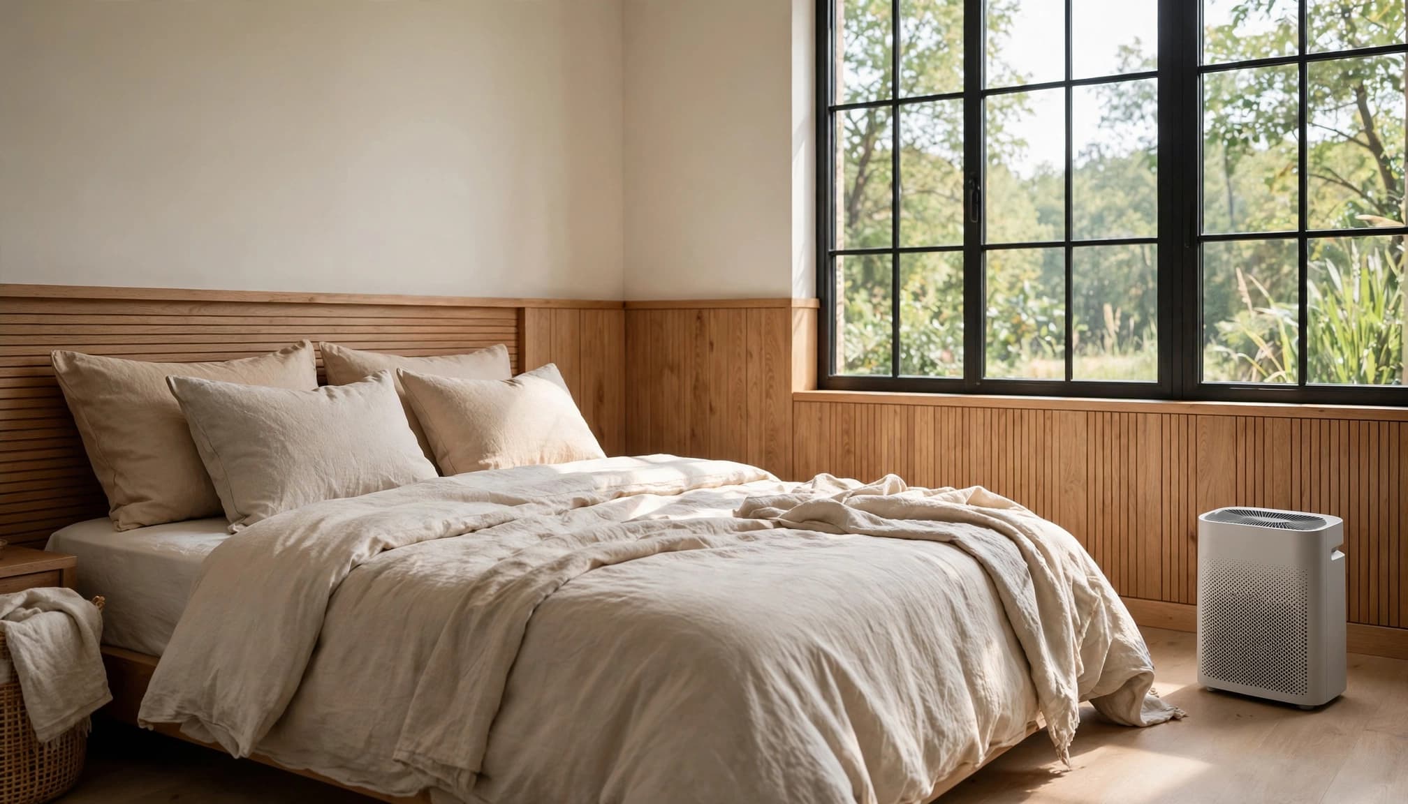 A compact air purifier sits beside a neatly made bed in a bright bedroom.