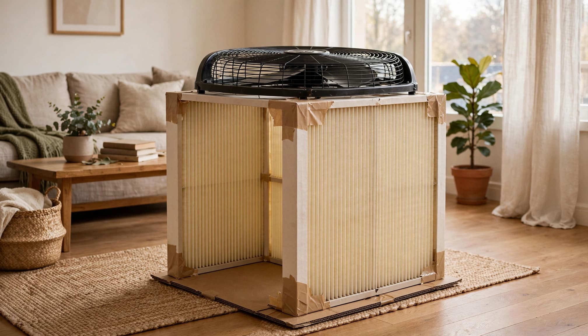 A box fan and four pleated filters form a cleaner on a cardboard base.