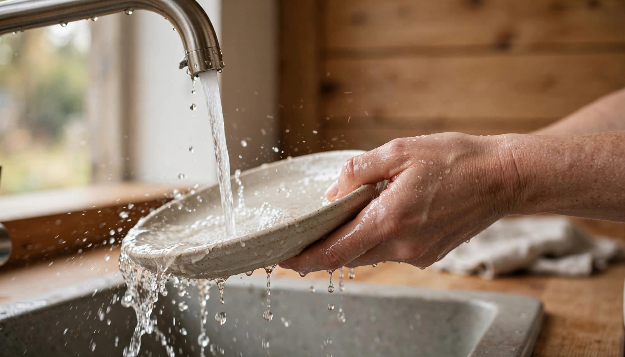 A pair of hands washes a ceramic plate under a running kitchen faucet.