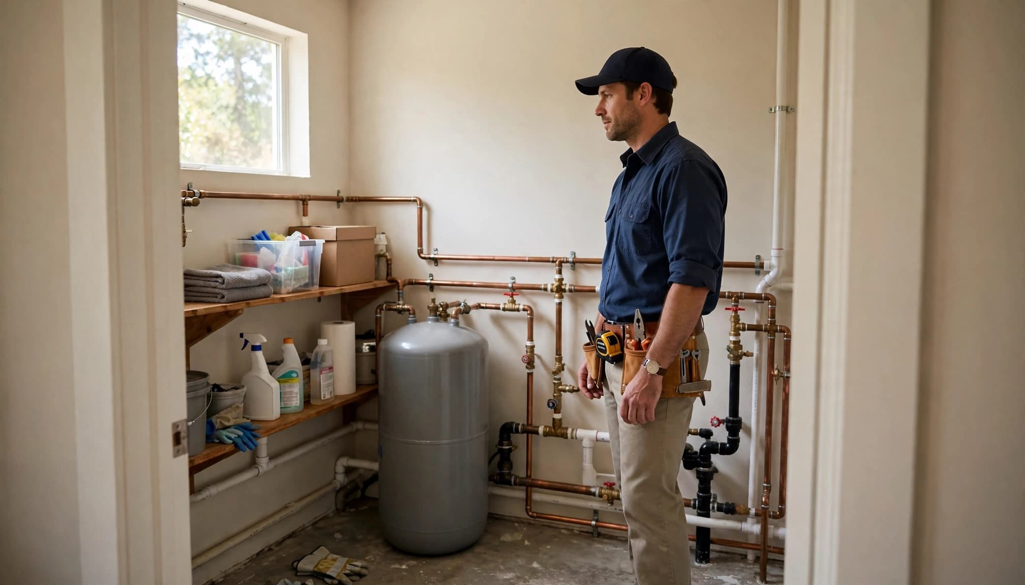 A plumber with a tool belt stands in a utility room inspecting copper pipes and a water tank.